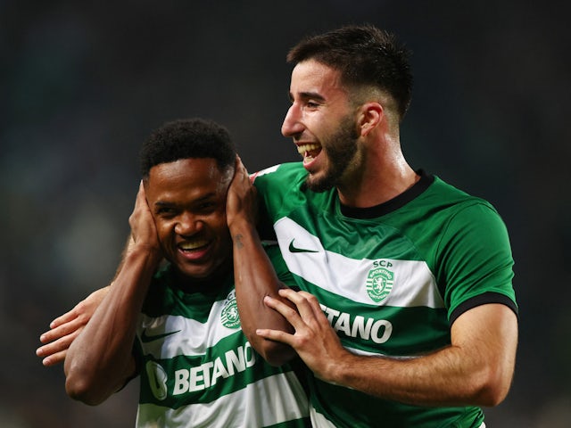 Sporting CP's Geny Catamo celebrates scoring their sixth goal with Goncalo Inacio on July 12, 2024