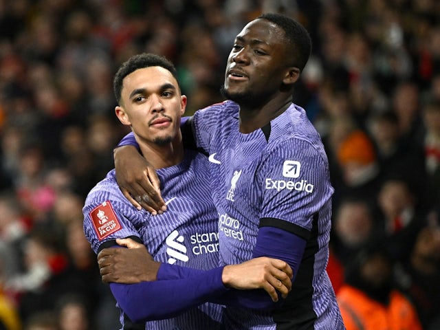 Liverpool's Trent Alexander-Arnold and Ibrahima Konate celebrate their first goal on January 7, 2024