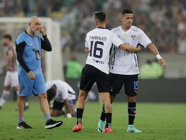 Alex Arce of LDU Quito looks dejected on February 29, 2024