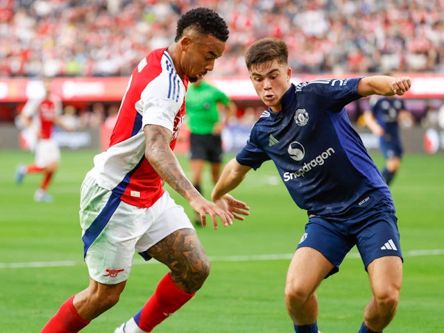 Manchester United's Harry Amass in action with Arsenal's Gabriel Jesus on July 27, 2024