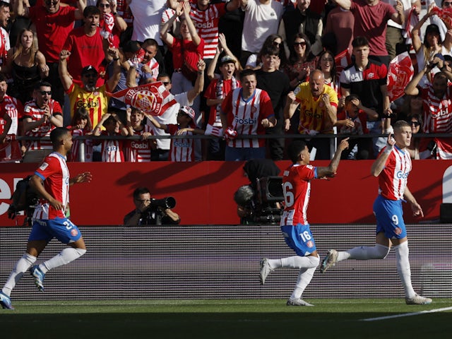 Girona forward Artem Dovbyk scores against Barcelona in May 2024.