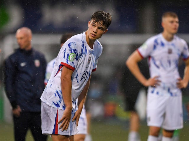 Daniel Braut of Norway after his side's victory in the UEFA European Under-19 Championship group stage football match between Northern Ireland and Norway on July 21, 2024