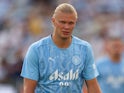 Manchester City forward Erling Haaland (9) during warmups before the FC Series match between Manchester City and Celtic at Kenan Memorial Stadium in Chapel Hill, North Carolina, July 23, 2024 [on July 25, 2024]