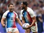 Rayan Rebbadj of France celebrates scoring a try with Antoine Dupont of France on July 27, 2024