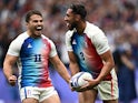Rayan Rebbadj of France celebrates scoring a try with Antoine Dupont of France on July 27, 2024