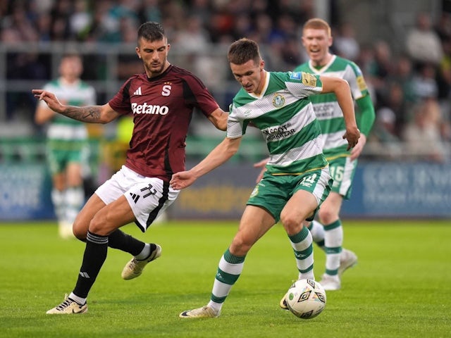 Prague s Indrit Tuci (left) and Shamrock Rovers Johnny Kenny battle for the ball during the second qualifying round first leg match at Tallaght Stadium, Dublin. Picture date: Tuesday 23/07/2024 [on July 28, 2024]