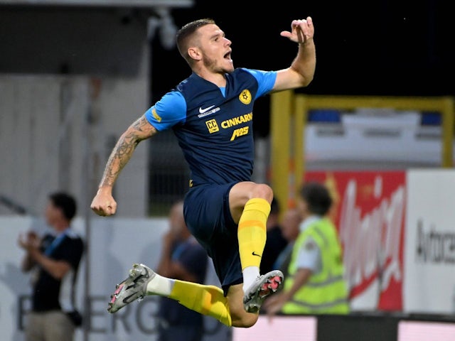 Celje's Luka Bobicanec celebrates after scoring on July 24, 2024