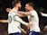 Tottenham Hotspur's Pierre-Emile Hojbjerg celebrates with Rodrigo Bentancur after scoring their second goal on October 15, 2022