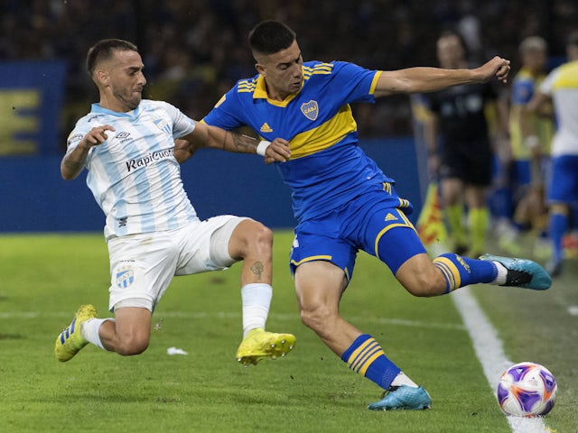 Renzo Tesuri of Atletico Tucuman goes for a tackle against Boca Juniors on Jan uary 29,2023