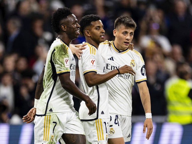 Real Madrid trio Vinicius Junior, Rodrygo and Arda Guler on May 14, 2024