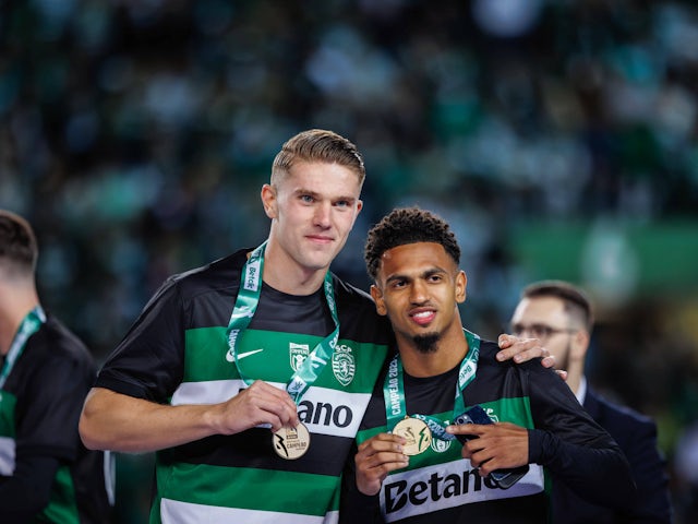 Viktor Gyokeres and Marcus Edwards of (Sporting CP) celebrate during Liga Portugal game between Sporting CP and GD Chaves  on July 27, 2024