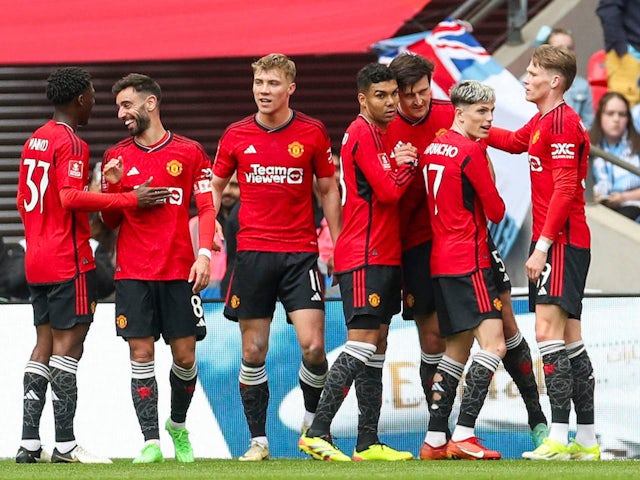 Manchester United players celebrate Harry Maguire's goal against Coventry City on April 21, 2024