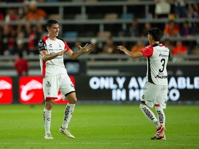 Adrian Mora and Idekel Dominguez celebrate a goal by Atlas at the Leagues Cup on July 27,2024