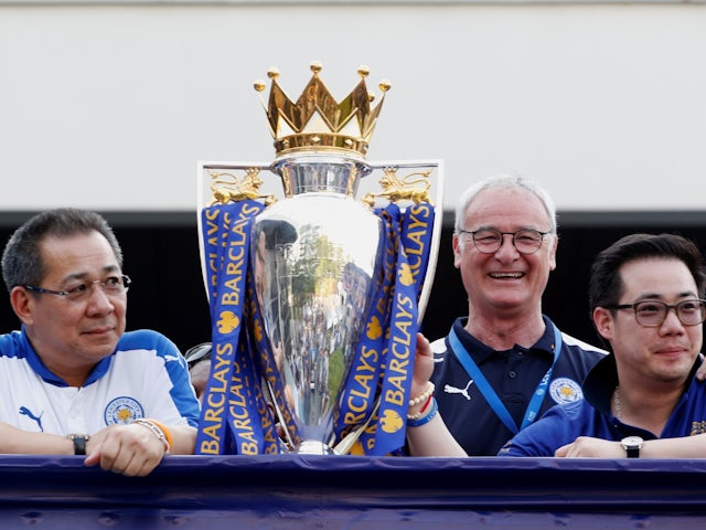 Leicester City owner Vichai Srivaddhanaprabha, manager Claudio Ranieri and club's vice chairman Aiyawatt Srivaddhanaprabha on May 16, 2016