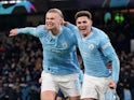 Julian Alvarez of Manchester City (R) celebrates after scoring the third goal with Erling Haaland of Manchester City during the UEFA Champions League match on November 28, 2023
