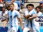 Thiago Almada of Argentina celebrates scoring their first goal with teammates at the Olympic Games on July 27, 2024