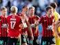 Brommapojkarna players cheer after the Allsvenskan football match between IFK Göteborg and Brommapojkarna on July 30, 2024