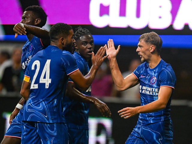 Chelsea celebrate scoring against Club America on July 31, 2024.