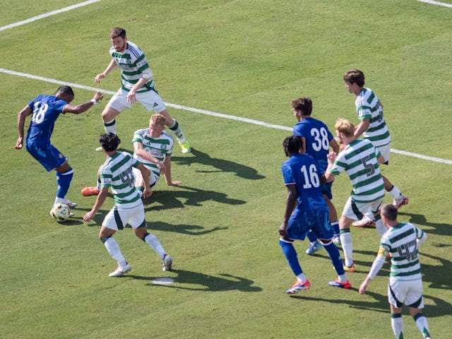 Chelsea forward Christopher Nkunku (18) dribbles the ball and is surrounded by Celtic players during the friendly soccer match between Chelsea and Celtic on July 27, 2024 [on July 30, 2024]