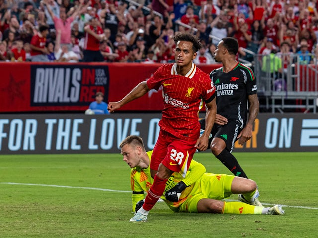 Fabio Carvalho celebrates scoring for Liverpool on July 31, 2024