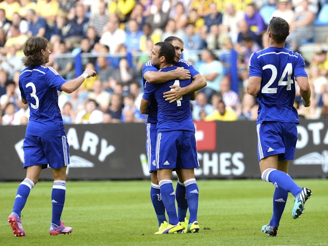 Filipe Luis, Cesc Fabregas, Branislav Ivanovic and Gary Cahill celebrate a goal against Vitesse Arnhem on July 30, 2014