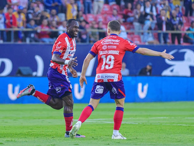 Franck Boli celebrates a goal for Atletico San Luis on July 19, 2024