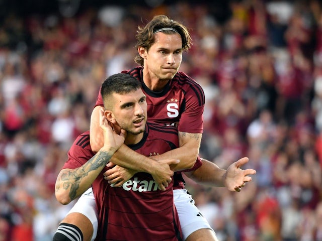 Indrit Tuci (down) and Markus Solbakken (up) of Sparta Praha celebrate after scoring during second qualifying round UEFA Champions League, 2nd leg match on July 30, 2024 [on August 4 2024]