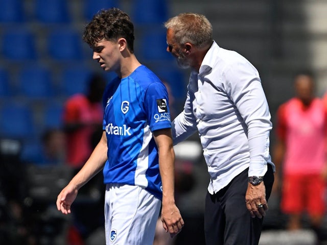 Karetsas Konstantinos midfielder of KRC Genk and Fink Thorsten head coach of KRC Genk during the Jupiler Pro League match between KRC Genk and Standard de Liege - July 28, 2024 [August 1, 2024]