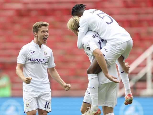 Kasper Dolberg forward of RSC Anderlecht celebrates scoring a goal on August 4, 2024