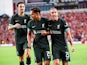 Liverpool midfielder Fabio Carvalho scores celebrates a goal against Manchester United with teammate defender Kostas Tsimikas (21) and midfielder Curtis Jones (17) on August 4, 2024