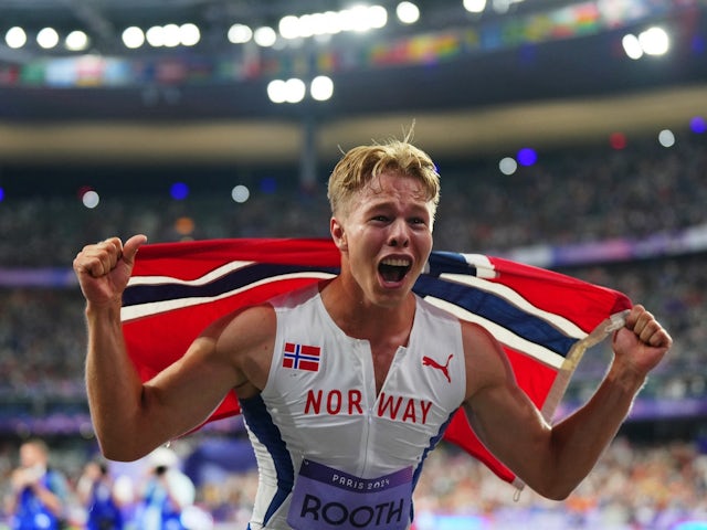 Markus Rooth of Norway celebrates after winning the gold medal in the men's decathlon on August 3, 2024