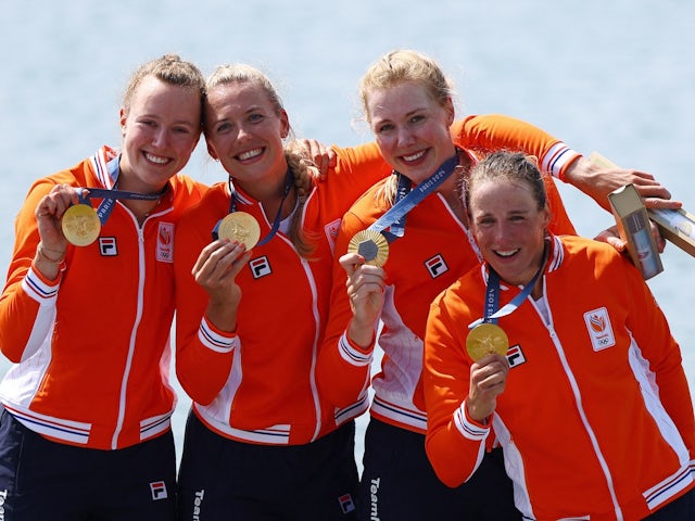 Gold medallists Marloes Oldenburg of Netherlands, Hermine Drenth of Netherlands, Tinka Offereins of Netherlands and Benthe Boonstra of Netherlands pose on the podium after winning on August 1, 2024