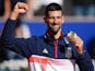 Novak Djokovic (SRB) celebrates after receiving his gold medal during the Paris 2024 Olympic Summer Games at Stade Roland Garros on August 4, 2024