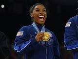Gold medallist Simone Biles of United States celebrates with her medal on July 30, 2024