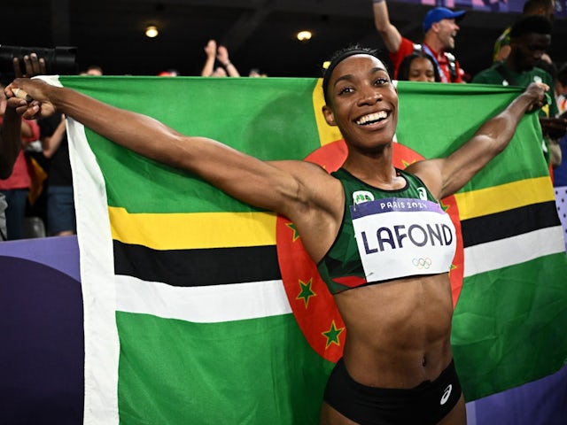 Thea Lafond of Dominica celebrates after winning gold on August 3, 2024