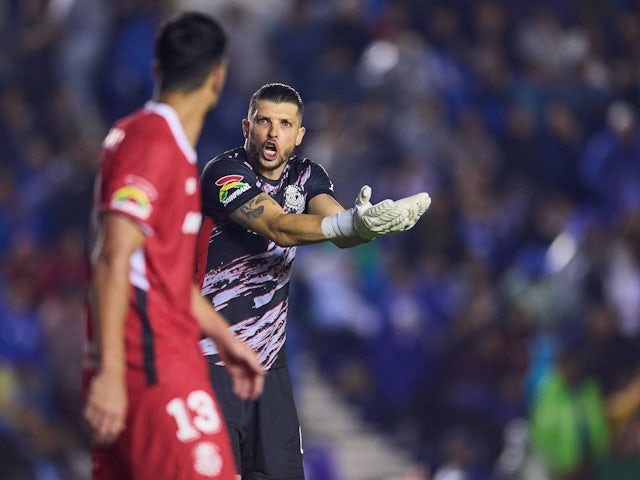  Toluca goalkeeper Tiago Volpi yells out instructionms to his teammates on July 20, 2024