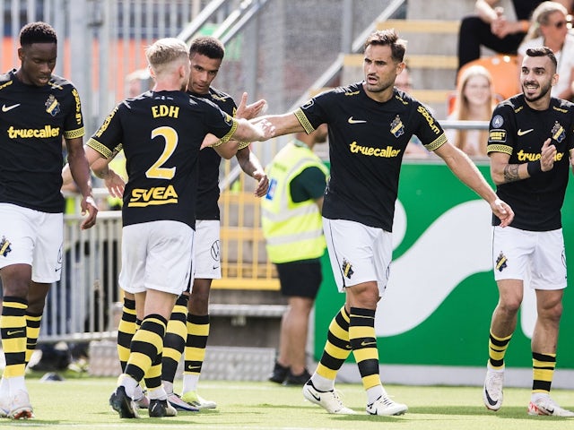 Rui Modesto of AIK celebrates with teammates on August 3, 2024