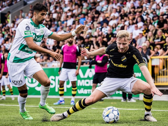 Elyas Bouzaiene of AIK in action against Vasteras on August 3, 2024