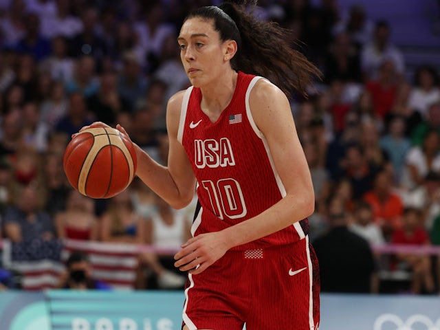 The USA's Breanna Stewart in action at the Paris 2024 Olympics on August 4, 2024