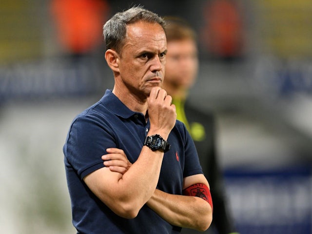 Christian Lattanzio, head coach of Sint-Truiden, during the Jupiler Pro League match between Sint-Truidense VV and Sporting Charleroi on August 3, 2024 [on August 9, 2024]