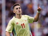 Spain's Fermin Lopez celebrates scoring against France at the Olympics on August 9, 2024