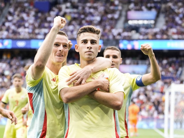 Spain's Fermin Lopez celebrates scoring against France at the Olympics on August 9, 2024