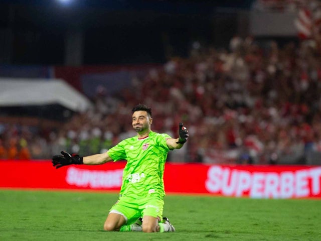 CRB goalkeeper Hereda celebrates after his side defeated Fortaleza on penalties on June 9, 2024