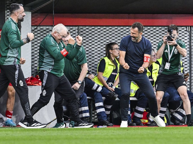 Standard Liege head coach Ivan Leko celebrates a goal against Club Brugge on August 4, 2024