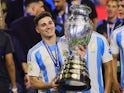 Argentina's Julian Alvarez pictured with the Copa America trophy on July 14, 2024