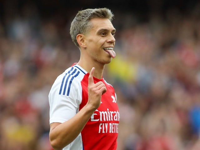 Arsenal's Leandro Trossard celebrates scoring their second goal on August 7, 2024