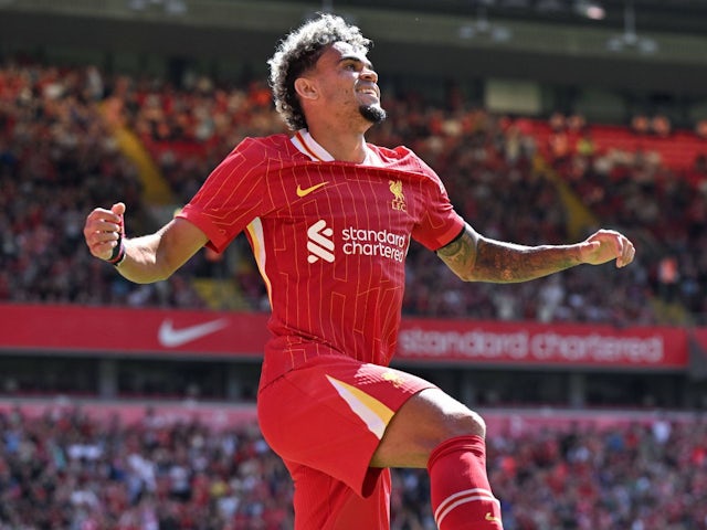 Luis Diaz celebrates scoring Liverpool's third goal on August 11, 2024