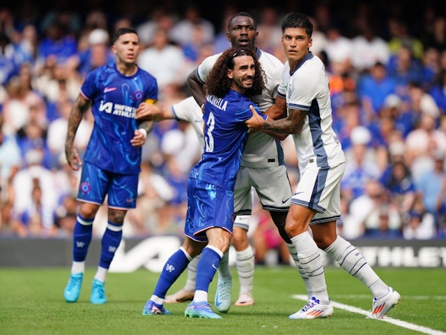 Marc Cucurella battles during the pre-season friendly match at Stamford Bridge, London on August 11, 2024