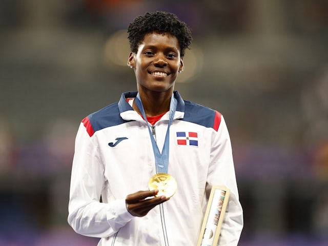 Marileidy Paulino of Dominican Republic celebrates winning gold at the Olympic Games on August 9, 2024