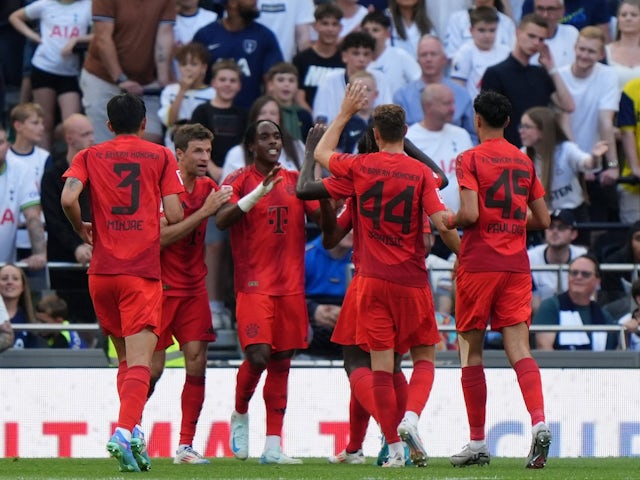 Bayern Munich's Mathys Tel celebrates scoring against Tottenham Hotspur on August 10, 2024